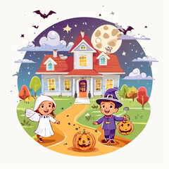 Naklejka premium A spooky and fun vector illustration of a Halloween night with kids in costumes trick-or-tre