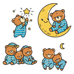 Set of cute bears with pajamas in various poses, vector illustrations. Doodle flat art style, isolated and easy to use for creative projects and designs.