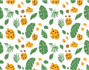 Playful Pattern of Tropical Leaves and Abstract Shapes with Bold Colors.