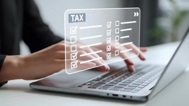Close Up Woman Filling Tax Form Online with Laptop on Desk, Transparent Interface Showcases Compliance Checklist Items and Digital Submission