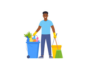 Smiling African American Man with Cleaning Supplies and Yellow Gloves.