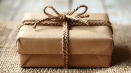 Square gift wrapped in brown paper, tied with jute twine, sits on burlap. Soft focus, rustic, neutral