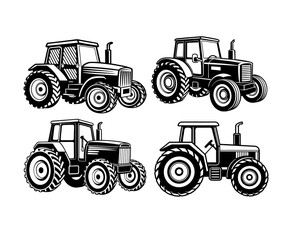 tractors black and white  line art  against a transparent backdrop are great for logos, illustrations, or educational materials relating to agriculture.