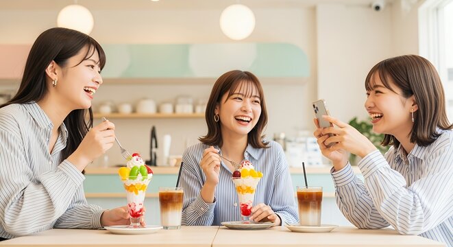 カフェで女子会を楽しむ3人の女性