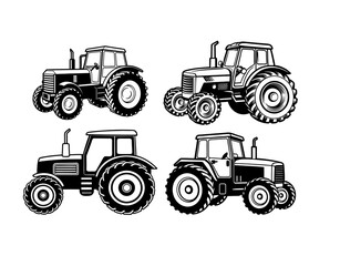 Black and white tractors in outline  offer a bold graphic for agriculture, farming, or transportation projects, suitable for print or digital designs.