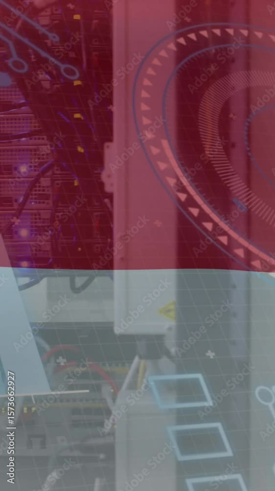 Poster animation of graph, loading circles and circuit board pattern over indonesian flag over data systems