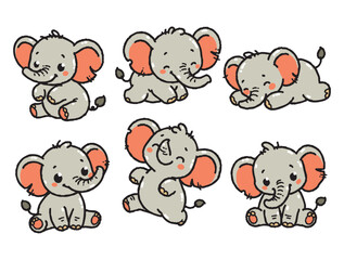 Set of cute elephants in various poses with hand-drawn vector illustrations. Doodle flat art style, isolated and easy to use for creative projects and designs.