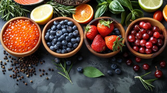 Colorful arrangement of healthy foods in wooden bowls with greenery on a textured dark surface - Powered by Adobe