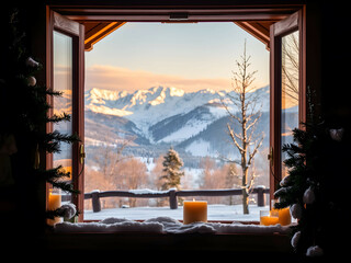 Snowy Mountain Cabin with Scenic Window View, No 035 – AI Generated