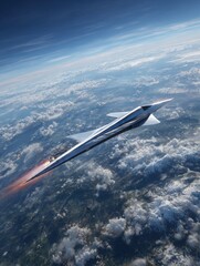 Futuristic jet plane high above clouds