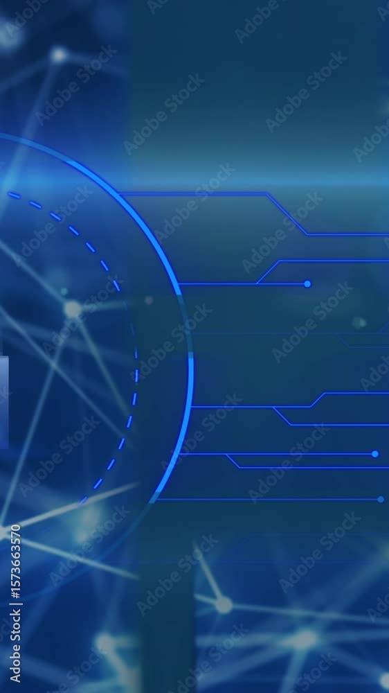 Poster animation of padlock in circle with illuminated connected dots and lines on abstract background