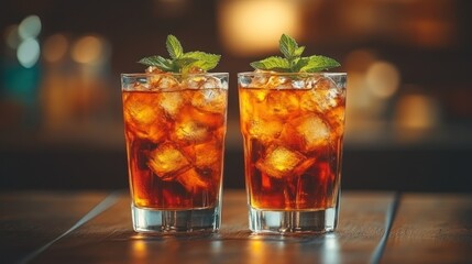 Two glasses of iced tea, garnished with mint, on a bar