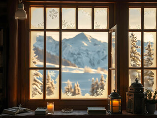 Snowy Mountain Cabin with Scenic Window View, No 029 – AI Generated