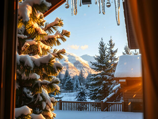 Snowy Mountain Cabin with Scenic Window View, No 028 – AI Generated