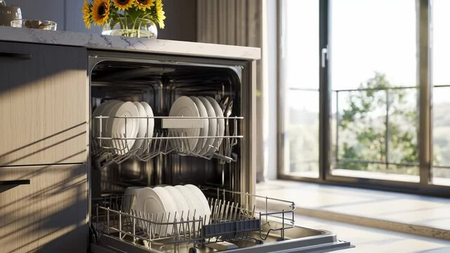 Modern dishwasher with clean dishes