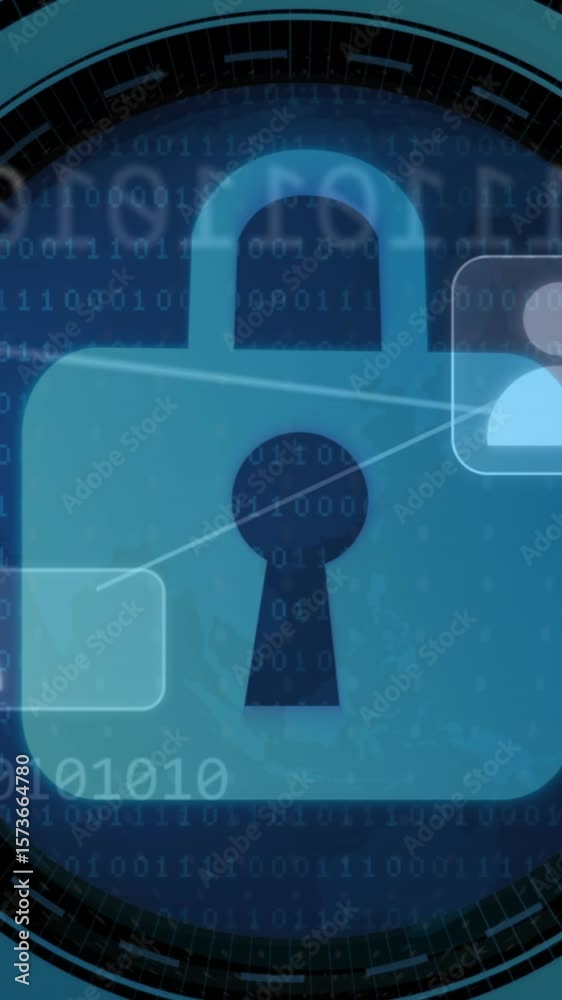 Poster animation of padlock in loading circles, binary codes in globe, computer language, connected icons