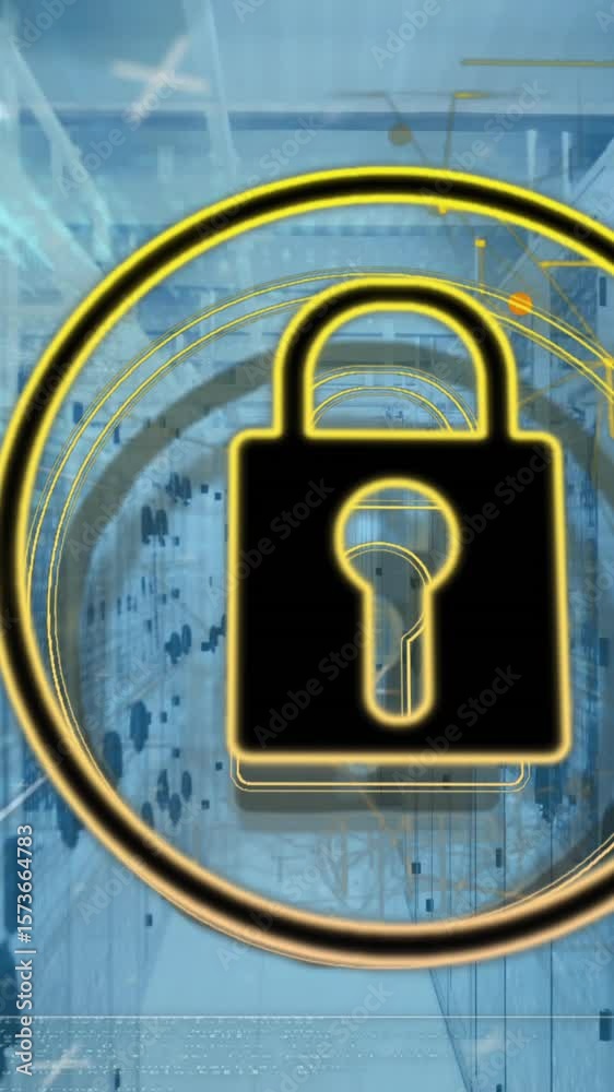 Poster animation of padlock in circle and navigation pattern over binary codes on data server racks