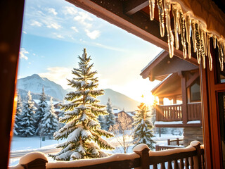 Snowy Mountain Cabin with Scenic Window View, No 025 – AI Generated