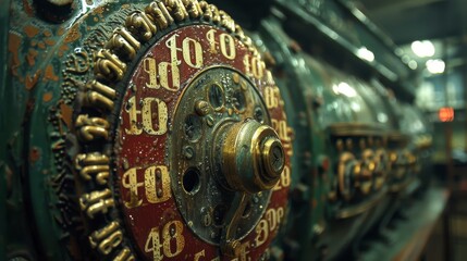 Detailed view of antique machine with aged, textured surface and circular dial featuring numerical markings