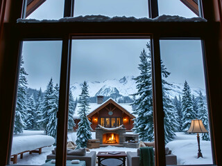 Snowy Mountain Cabin with Scenic Window View, No 024 – AI Generated