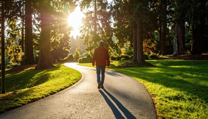 Man walking path in park at sunrise