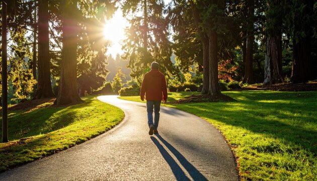 Man walking path in park at sunrise
