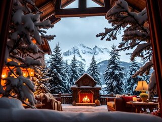 Snowy Mountain Cabin with Scenic Window View, No 023 – AI Generated