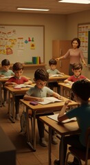 Classroom Scene: Animated Students Engaged in Learning with a Teacher
