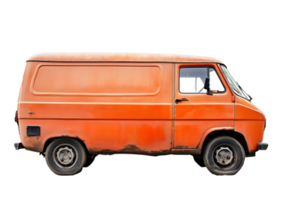 Old orange van with rust and wear isolated on transparent background