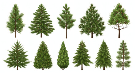 Variety of Evergreen Trees: An array of diverse evergreen trees showcased in a clean, crisp style, with each tree a unique representation of its species.