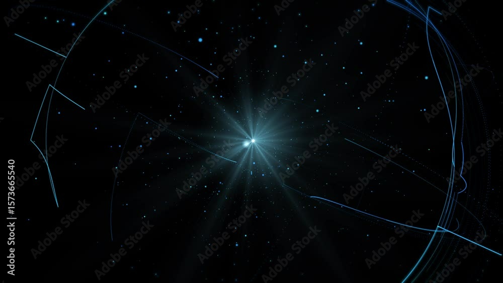 Wall mural abstract background with glowing particles and light lines. animation rotation of optical fiber wire