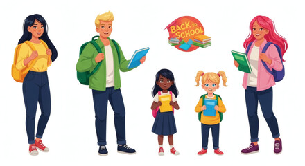Fototapeta premium Back to School: A cheerful illustration featuring diverse students, each carrying a backpack and books, ready for a new academic year, embodies the essence of education, learning.