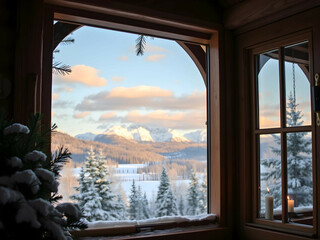 Snowy Mountain Cabin with Scenic Window View, No 019 – AI Generated
