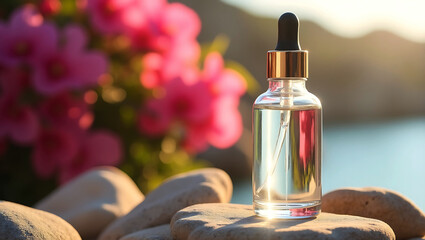 Naklejka premium Clear glass dropper bottle with gold accent filled with clear liquid rests on smooth stones with soft pink flowers in the background