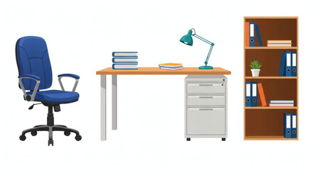 Office Workspace Setup: A well-organized and efficient office workspace featuring a comfortable blue ergonomic chair, a wooden desk with books and lamp, a filing cabinet.
