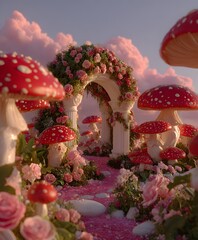 Fantasy Garden with Red Toadstools, Rose Archway and Pink Clouds