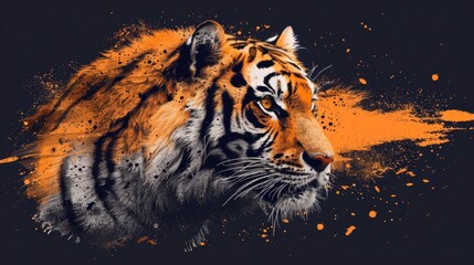 Fierce tiger head illustration in orange and gray with splattered paint effect on dark background