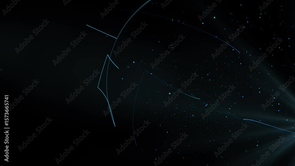 Wall mural abstract background with glowing particles and light lines. animation rotation of optical fiber wire