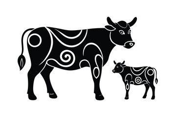 Cow and calf in stylized folk pattern rural affection vector art illustration