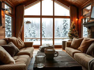 Snowy Mountain Cabin with Scenic Window View, No 015 – AI Generated