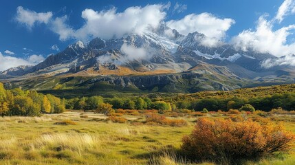 Snowy peak shrouded in clouds, autumnal hues on grassy plains, and scattered trees