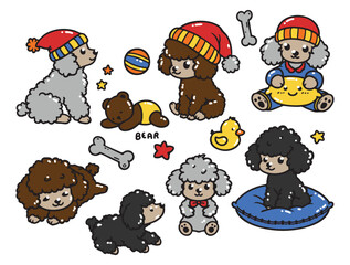 Set of cute poodle dogs in various poses with hand-drawn vector illustrations. Doodle flat art style, isolated and easy to use for creative projects and designs.