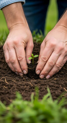New life begins as hands carefully plant a tiny seedling in fertile soil outdoors, embodying growth and environmental stewardship.