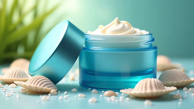 Luxurious blue jar of rich cream with a swirl of product displayed with seashells and pearls on a soft blue background