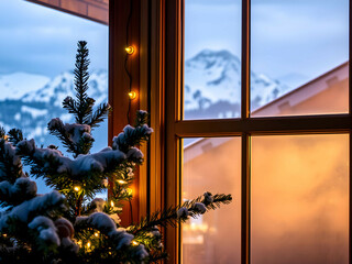 Snowy Mountain Cabin with Scenic Window View, No 006 – AI Generated