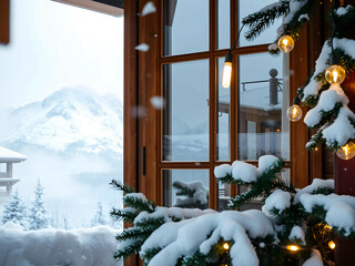 Snowy Mountain Cabin with Scenic Window View, No 005 – AI Generated