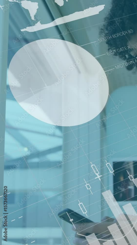 Poster animation of statistical data processing over man smiling while using smartphone at office