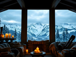 Snowy Mountain Cabin with Scenic Window View, No 003 – AI Generated