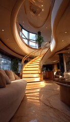 Luxurious spiral staircase in a yacht interior