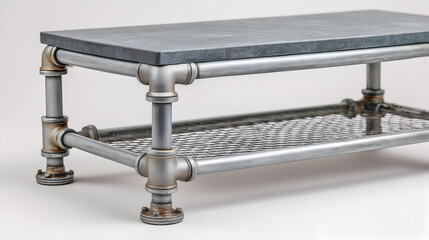 An industrial-style coffee table crafted from metal pipes, featuring a grey stone top and a mesh shelf, showcasing a blend of functionality and raw design